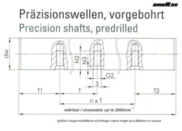 Precision shaft Ø 40h7 in Cf53-chrom, predrilled M10 x 17 in pitches of 300mm-S