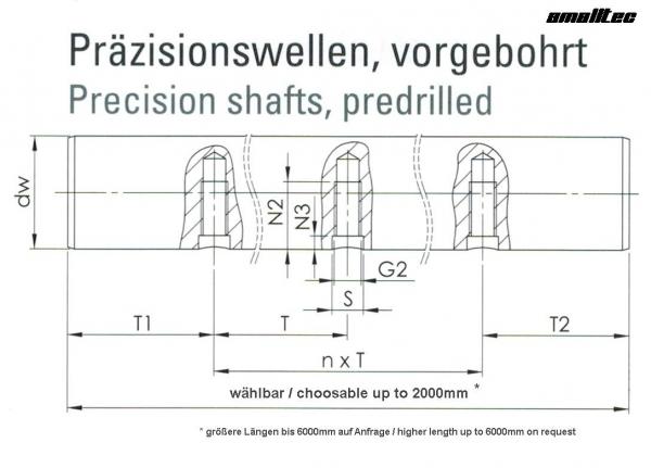 Precision shaft Ø 16h7 in Cf53-chrom, predrilled M5 x 9 in pitches of 100mm-S